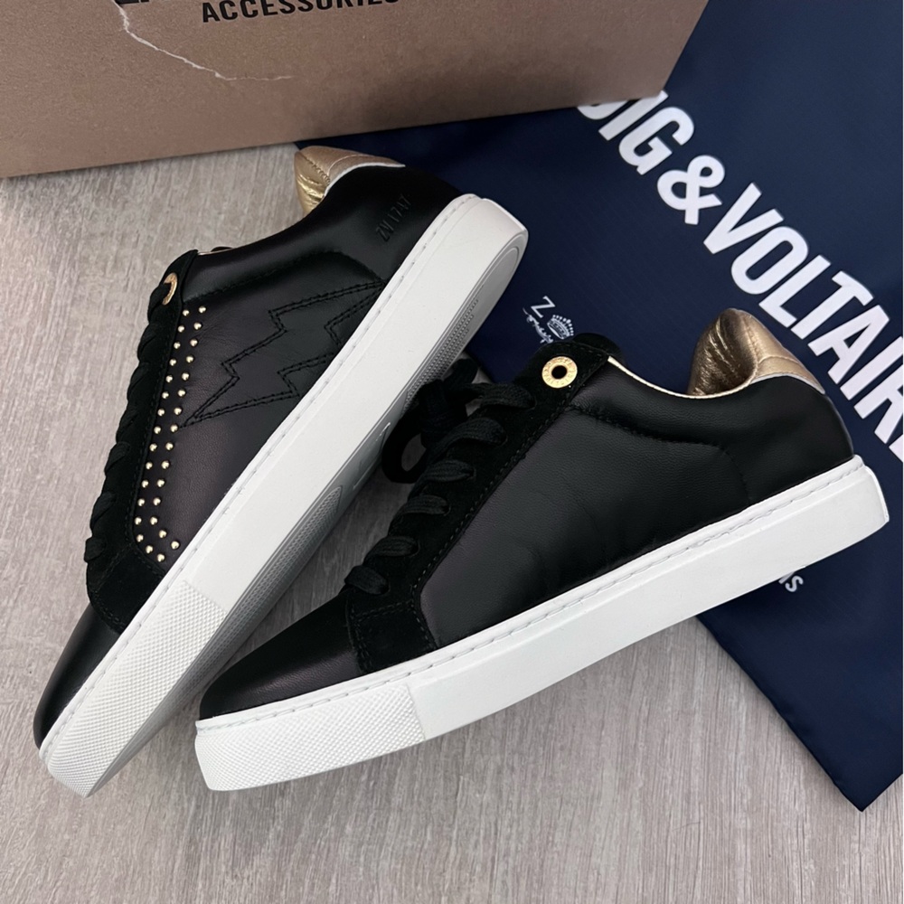 Zadig & Voltaire Black and Gold Sneakers with Gold Studs NWT - Picture 6 of 10